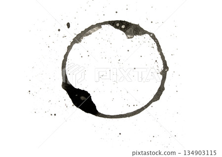 Distressed Monochrome Ink Circle Texture and Splatter Graphic on white background 134903115