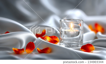 Embrace Serenity with Gentle Candlelight and Delicate Rose Petals on Silky White Fabric for Spa Ambience or Romantic Moments of Reflection Embrace Serenity with Gentle Candlelight and Delicate Rose Petals on Silky White Fabric for Spa Ambience or Romantic Moments of Reflection 134903344