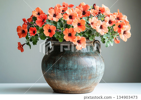 Rustic flower pot. Big Geranium plant with red flowers grows on white background. Rustic flower pot. Big Geranium plant with red flowers grows on white background. 134903473