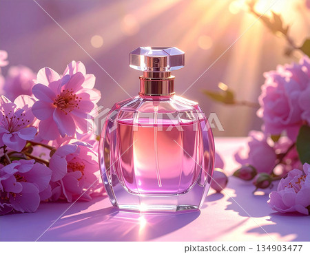 Cosmetic markets. Pink perfume bottle on flowers spring background in pastel color with sunlight. 134903477