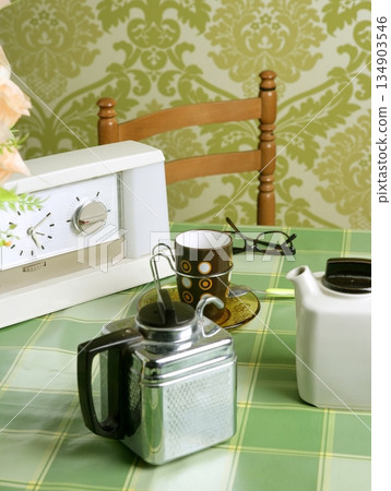 coffee machine retro kitchen green tablecloth coffee machine retro kitchen green tablecloth 134903546