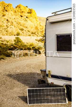 Solar panel at caravan camp on nature 134903583