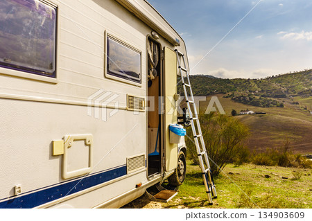 Caravan with ladder. Camper equipment. Caravan with ladder. Camper equipment. 134903609