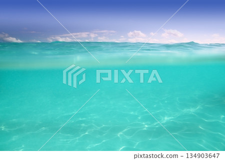 waterline caribbean sea underwater and blue sea 134903647