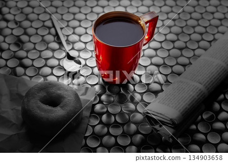 Coffee red cup newspaper and dona morning breakfast Coffee red cup newspaper and dona morning breakfast 134903658