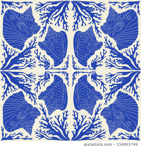 Blue and beige damask conch shell and corals coastal seamless pattern Blue and beige damask conch shell and corals coastal seamless pattern 134903749