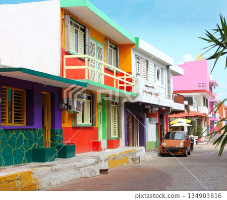 colorful Caribbean houses tropical Isla Mujeres 134903816
