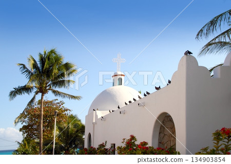 Playa del Carmen white Mexican church archs belfry 134903854