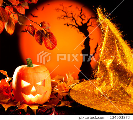 Halloween orange pumpkin on autumn leaves 134903873