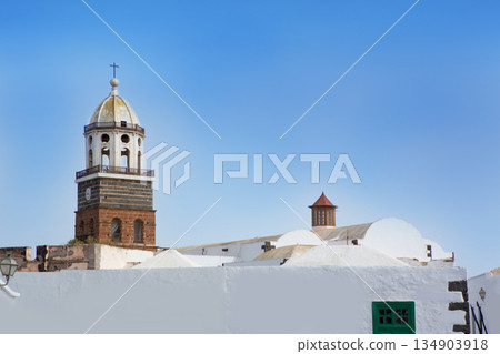Lanzarote Teguise white village with church tower Lanzarote Teguise white village with church tower 134903918