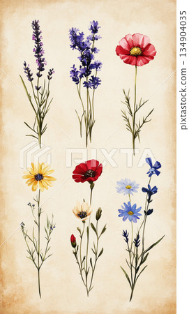 A vintage-inspired botanical illustration showcasing six wildflowers Lavender, Daisy, Bluebell, Poppy, Cornflower, and Edelweiss set against an old paper background, emphasizing clean minimalism 134904035
