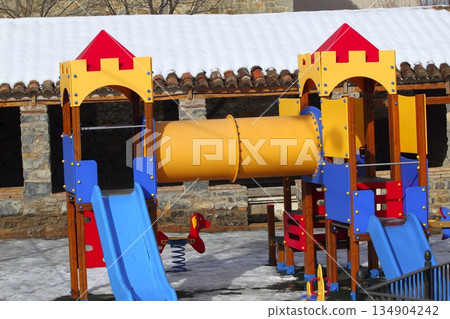 children colorful playground park winter snow floor children colorful playground park winter snow floor 134904242