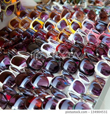 Fashion sunglasses rows in outdoor shop display Fashion sunglasses rows in outdoor shop display 134904531