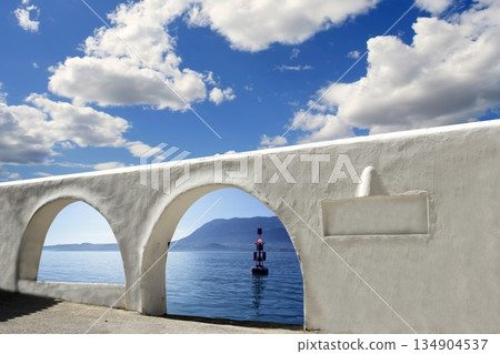 mediterranean sea view white archs architecture mediterranean sea view white archs architecture 134904537