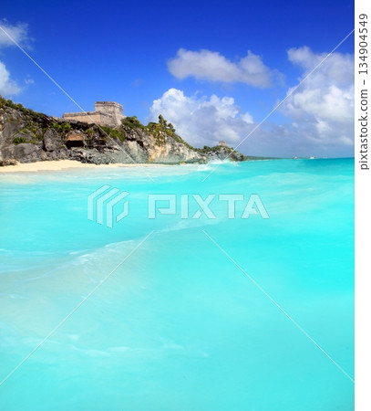 ancient Tulum Mayan ruins view from caribbean sea 134904549