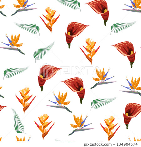 Orange Strelitzia flower pattern design with leaves and stem, calla lilies, hibiscus, tropical flowers. Hawaiian beach vacation. 134904574