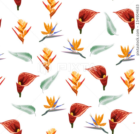 Orange Strelitzia flower pattern design with leaves and stem, calla lilies, hibiscus, tropical flowers. Hawaiian beach vacation. Orange Strelitzia flower pattern design with leaves and stem, calla lilies, hibiscus, tropical flowers. Hawaiian beach vacation. 134904683