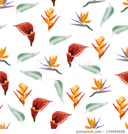 Orange Strelitzia flower pattern design with leaves and stem, calla lilies, hibiscus, tropical flowers. Hawaiian beach vacation. Orange Strelitzia flower pattern design with leaves and stem, calla lilies, hibiscus, tropical flowers. Hawaiian beach vacation. 134904688