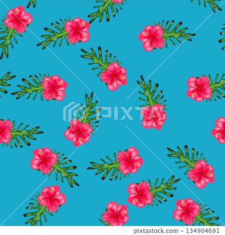 Tropical hibiscus flowers seamless pattern. Hawaiian retro textile print abstract florals. Tropical bloom for aloha shirt fabric. Tropical hibiscus flowers seamless pattern. Hawaiian retro textile print abstract florals. Tropical bloom for aloha shirt fabric. 134904691