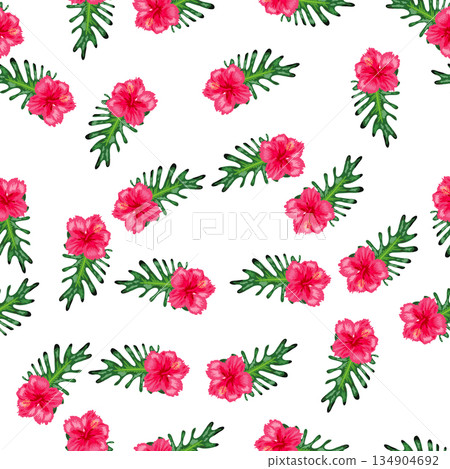 Tropical hibiscus flowers seamless pattern. Hawaiian retro textile print abstract florals. Tropical bloom for aloha shirt fabric. 134904692
