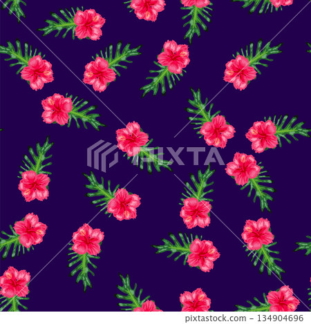 Tropical hibiscus flowers seamless pattern. Hawaiian retro textile print abstract florals. Tropical bloom for aloha shirt fabric. 134904696