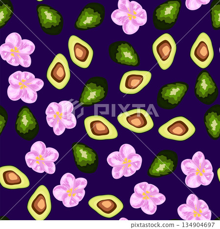 A seamless pattern featuring avocado, tropical leaves, and flowers. Concept Maldives vacation, warm sea, holidays, eternal summer, and healthy eating. 134904697