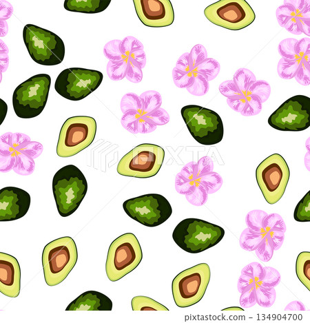 A seamless pattern featuring avocado, tropical leaves, and flowers. Concept Maldives vacation, warm sea, holidays, eternal summer, and healthy eating. 134904700