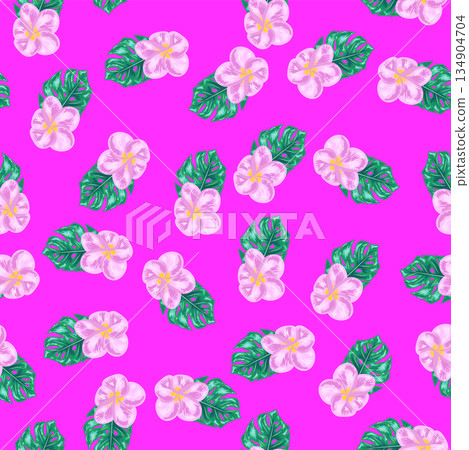 A seamless pattern featuring avocado, tropical leaves, and flowers. Concept Maldives vacation, warm sea, holidays, eternal summer, and healthy eating. A seamless pattern featuring avocado, tropical leaves, and flowers. Concept Maldives vacation, warm sea, holidays, eternal summer, and healthy eating. 134904704