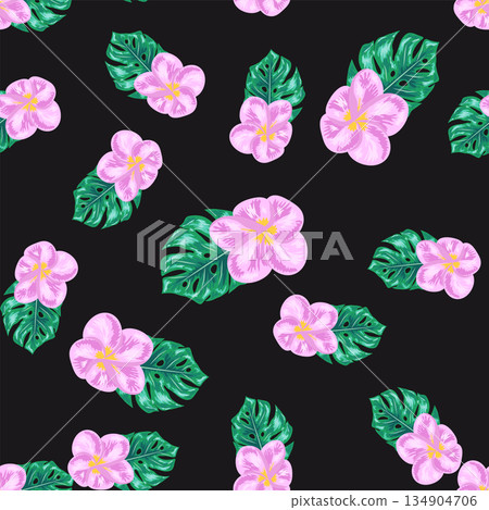 A seamless pattern featuring avocado, tropical leaves, and flowers. Concept Maldives vacation, warm sea, holidays, eternal summer, and healthy eating. A seamless pattern featuring avocado, tropical leaves, and flowers. Concept Maldives vacation, warm sea, holidays, eternal summer, and healthy eating. 134904706