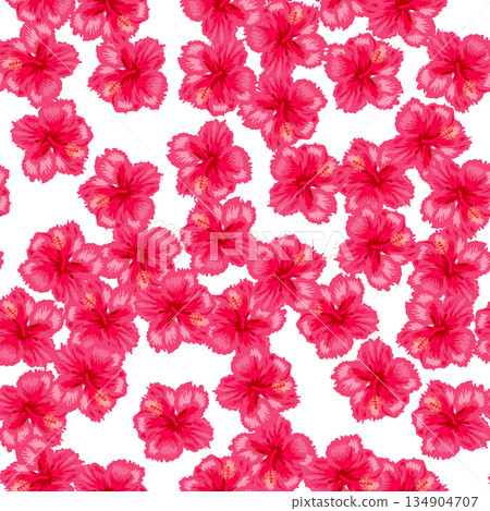 Tropical hibiscus flowers seamless pattern. Hawaiian retro textile print abstract florals. Tropical bloom for aloha shirt fabric. Tropical hibiscus flowers seamless pattern. Hawaiian retro textile print abstract florals. Tropical bloom for aloha shirt fabric. 134904707