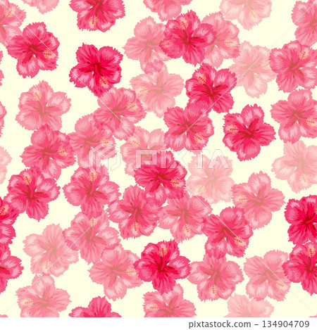 Tropical hibiscus flowers seamless pattern. Hawaiian retro textile print abstract florals. Tropical bloom for aloha shirt fabric. 134904709
