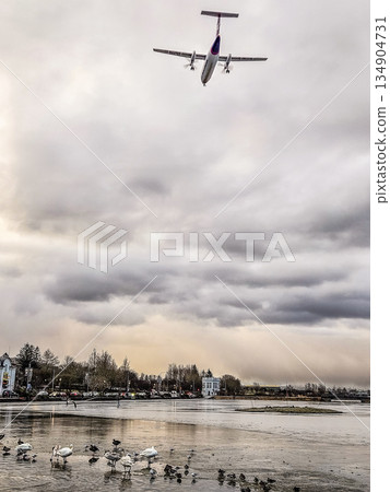 Airplane Flying Over Frozen Lake With Birds in Winter City 134904731
