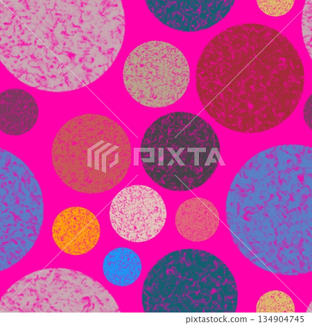 Abstract pattern with textured multicolor circles on bright pink background. Marbled surfaces and random layout create playful, vibrant texture for textile, wallpaper, digital design Abstract pattern with textured multicolor circles on bright pink background. Marbled surfaces and random layout create playful, vibrant texture for textile, wallpaper, digital design 134904745