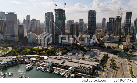 Aerial drone view of Miami downtown skyline with marina and modern skyscrapers 134904775