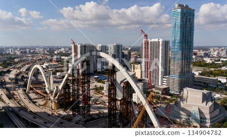 Aerial view of bridge construction site in Miami downtown 134904782