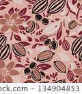 Elegant hand drawn seamless vector pattern featuring shea nuts, cocoa beans, and tropical flowers. Perfect for organic skincare packaging and luxury. 134904853