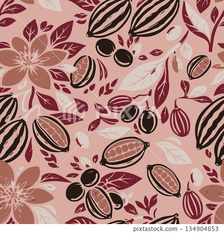 Elegant hand drawn seamless vector pattern featuring shea nuts, cocoa beans, and tropical flowers. Perfect for organic skincare packaging and luxury. 134904853