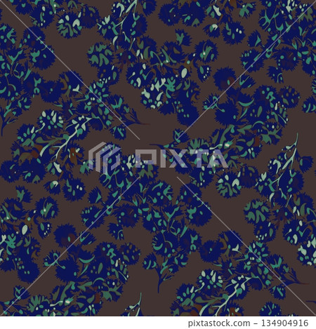 Floral pattern with stylized blue and green flowers on dark brown background. Dense layout and textured petals create rich, decorative surface for textile, wallpaper, digital art Floral pattern with stylized blue and green flowers on dark brown background. Dense layout and textured petals create rich, decorative surface for textile, wallpaper, digital art 134904916