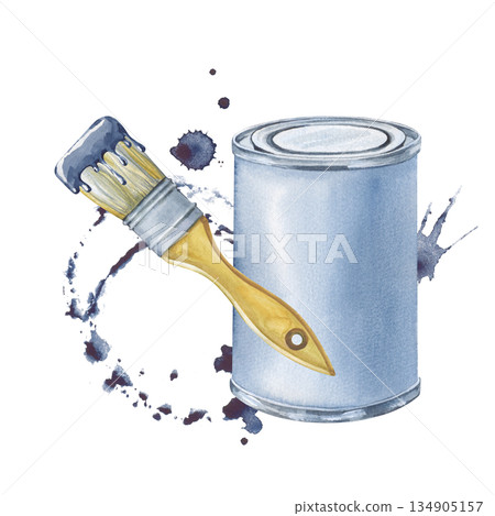 A composition with a can of paint and a brush on the background of a blue spot of paint. Watercolor illustration of building tools and materials for home renovation. Realistic clipart. A composition with a can of paint and a brush on the background of a blue spot of paint. Watercolor illustration of building tools and materials for home renovation. Realistic clipart. 134905157