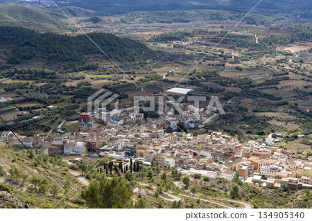 aerial image of a small village surrounded by mountains and nature 134905340