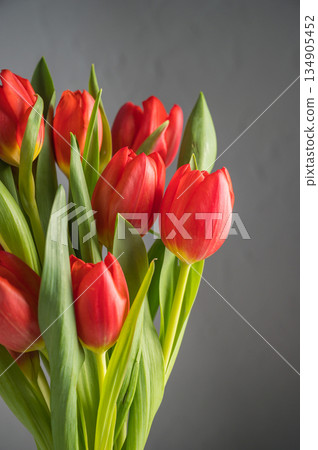 Spring flowers background. A bouquet of fresh red tulips, birthday or easter background Spring flowers background. A bouquet of fresh red tulips, birthday or easter background 134905452