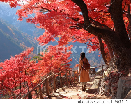 一位身穿大衣的女子沿著鋪滿秋葉的山路行走。 134905541