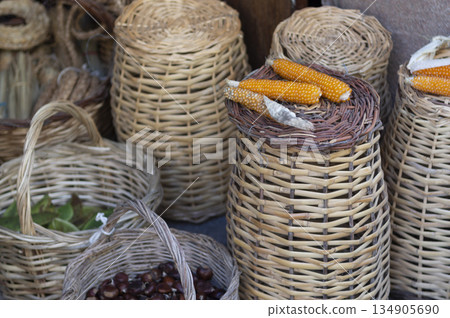handmade wicker baskets made from corn cobs and chestnuts 134905690