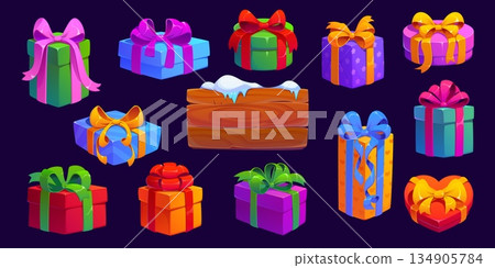 Cartoon Christmas holiday gift boxes and birthday presents. Vector packages of Christmas and New Year gifts wrapped in color paper with ribbon bows on the tops. Xmas presents set with wood sign board Cartoon Christmas holiday gift boxes and birthday presents. Vector packages of Christmas and New Year gifts wrapped in color paper with ribbon bows on the tops. Xmas presents set with wood sign board 134905784