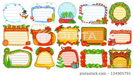 Christmas kids memo note frames with holiday borders featuring snowman, star, candy cane, and gift designs. Vector frames with toy, gingerbread man, wreath, calendar, stocking, bow, and poinsettia 134905791