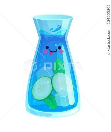 Cartoon water vector drink character. Cute kawaii jug filled with refreshing water, cucumber slices, mint leaves and ice cubes. Jug has kawaii smiling face with pink cheeks and tongue sticking out 134905802