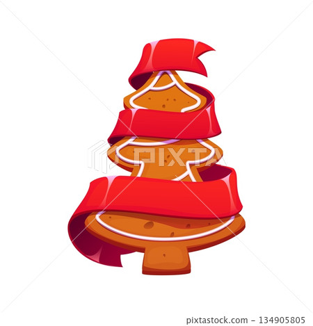 Merry Christmas tree gingerbread cookie cartoon decoration or object. Winter holiday sweet pastry, Christmas isolated vector confectionery. New Year celebration cookie decoration with red ribbon 134905805