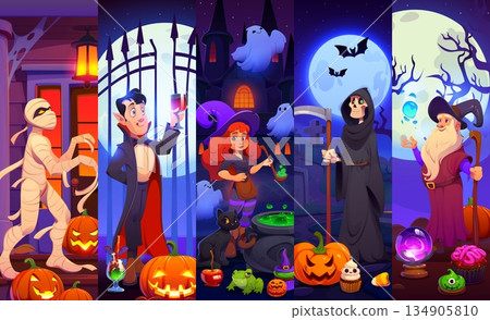 Cartoon Halloween characters collage, vector scary night holiday. Vampire with drink, witch stirring potion, death reaper skeleton with scythe, old wizard and wrapped mummy Halloween characters set Cartoon Halloween characters collage, vector scary night holiday. Vampire with drink, witch stirring potion, death reaper skeleton with scythe, old wizard and wrapped mummy Halloween characters set 134905810