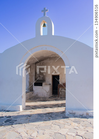 Iconic seaside chapel: the small church of Agios Nikolaos standing on a pier in Georgioupoli, Crete 134906516