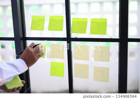 Businessman putting sticky notes on mirror for organizing thoughts, planning tasks for project management and brainstorming. Businessman putting sticky notes on mirror for organizing thoughts, planning tasks for project management and brainstorming. 134906564